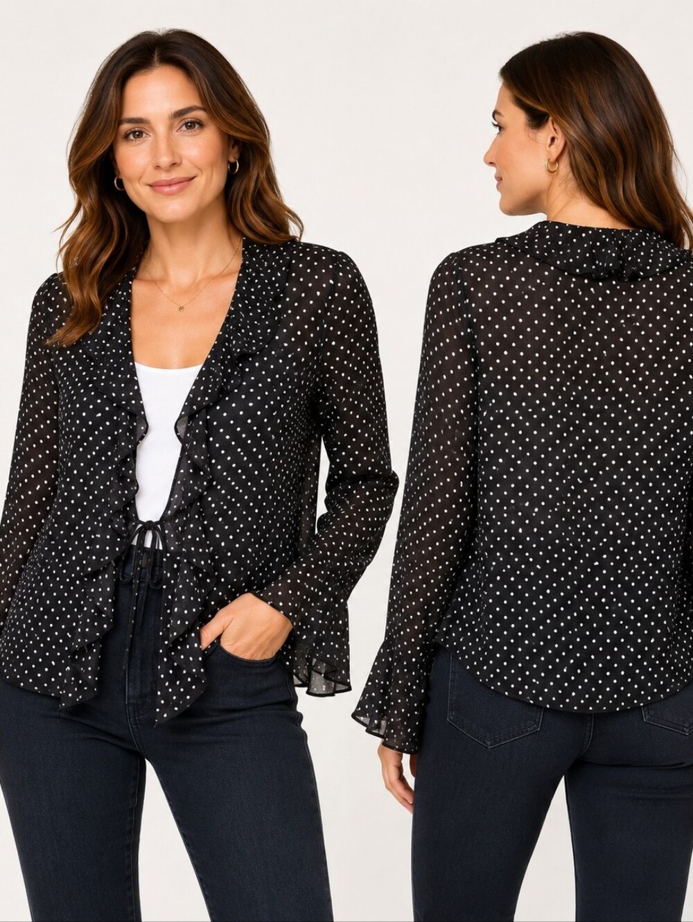 Maison d’Amélie Paris Black & White Polka Dot Ruffle Blouse Size M Parisian Chic